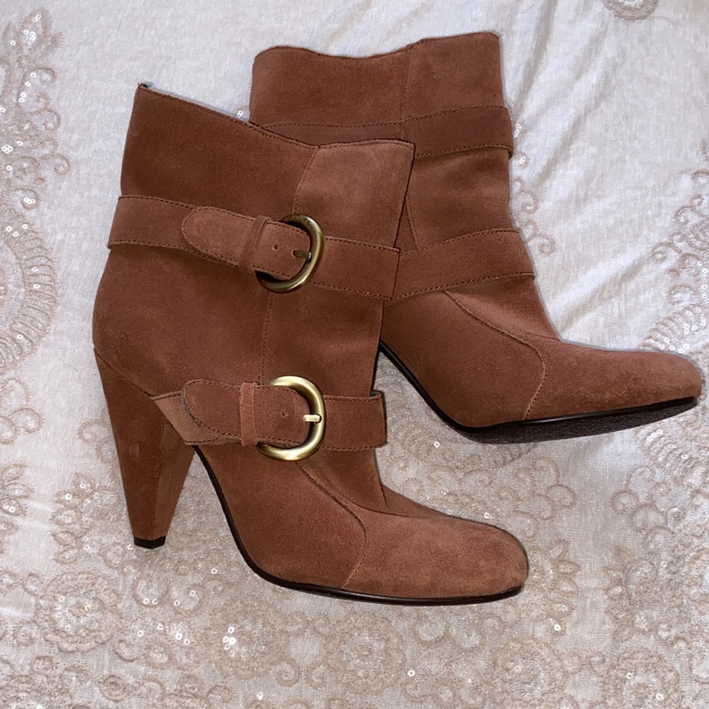 Pink Studio Brown Suede Ankle Boots with Buckle Detail